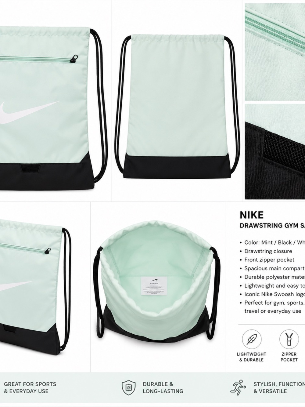 Nike Mint & Black Drawstring Backpack with White Swoosh